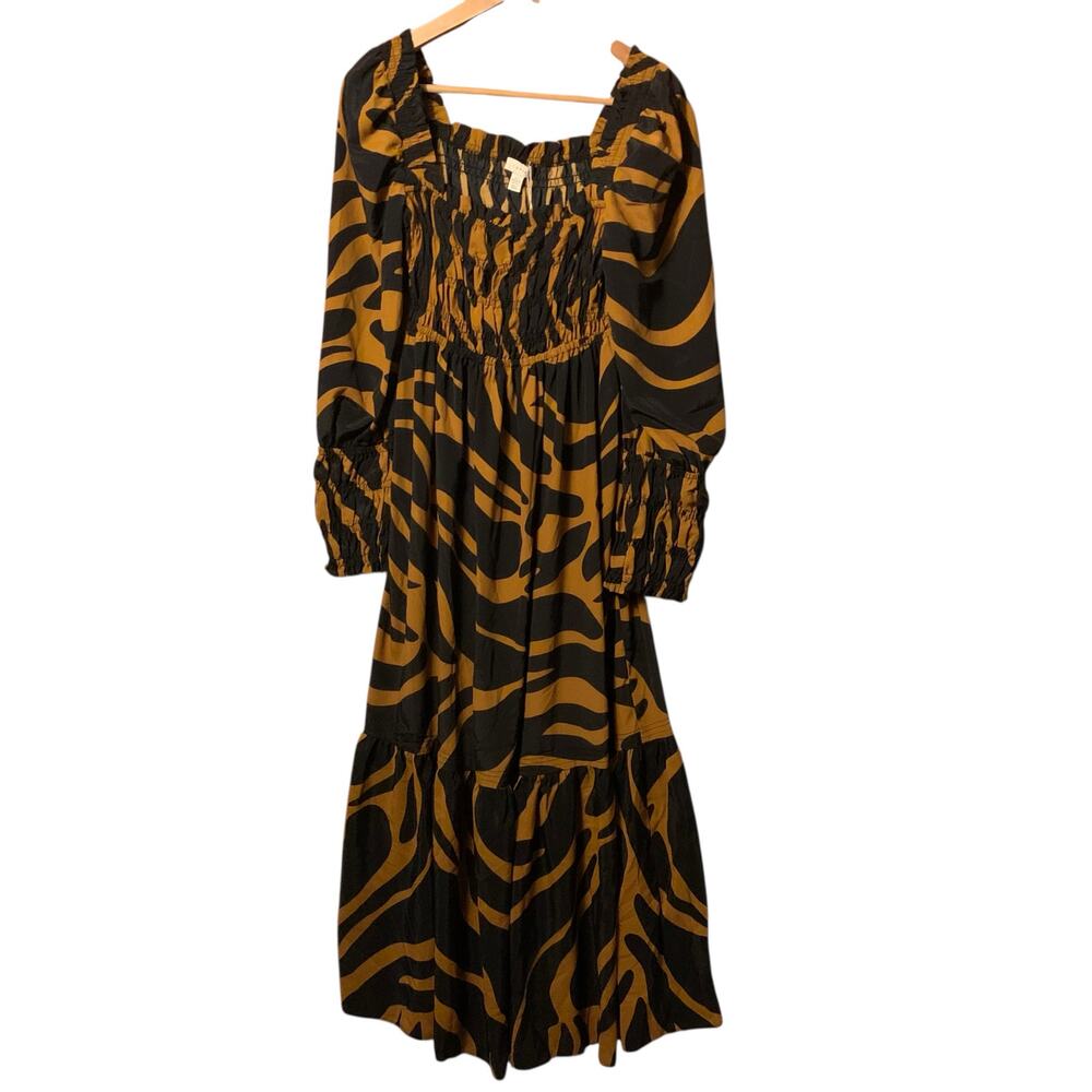 TOPSHOP Shirred Long Sleeve Maxi Dress In Black Brown Multi - Picture 9 of 14